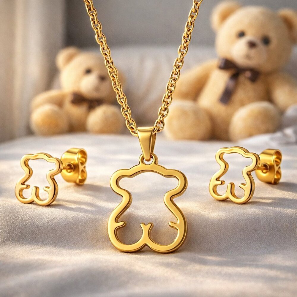 18K Gold Bear Necklace Earrings Set Stainless Steel Cute Coquette Y2K Dopamine